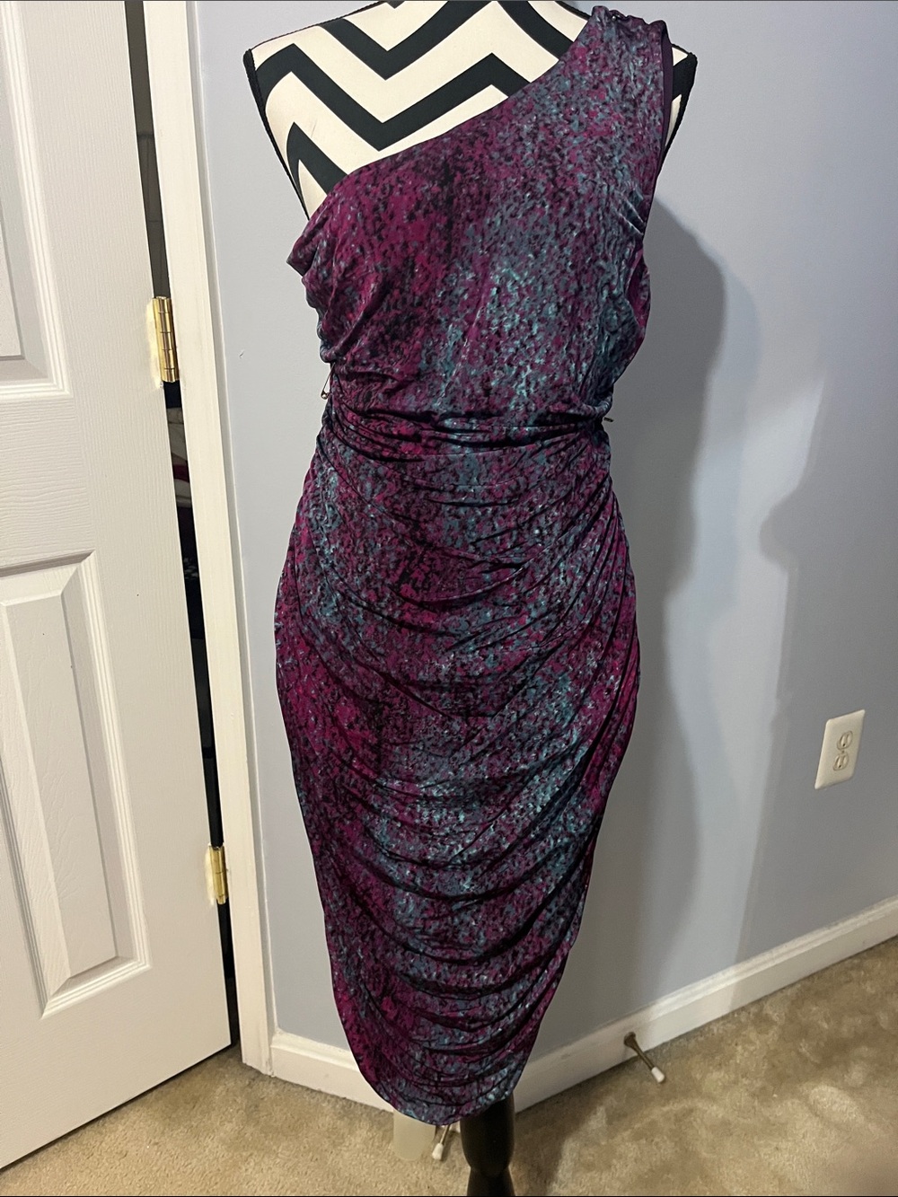 H&M One-Shoulder Ruched Silky Dress in Purple Blue, M